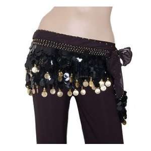  Belly Dance Hip Scarf Black, Gold Coins Lively Style, 100% 