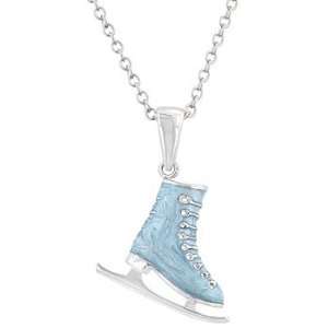  White Gold Bonded Blue Enamel Ice Skate Pendant Necklace Jewelry