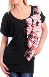 Womens PLUS SIZE Black Pink Ruffle Top Blouse 1X 14/16  