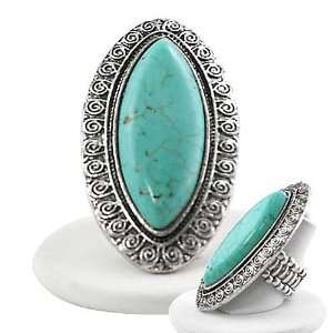    Burnished Silvertone Long Imitation Turquoise Stretch Ring Jewelry